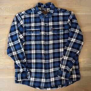 Orvis Heavy Button Down Flannel Shirt Jacket Blue Plaid Pockets Mens Size Large